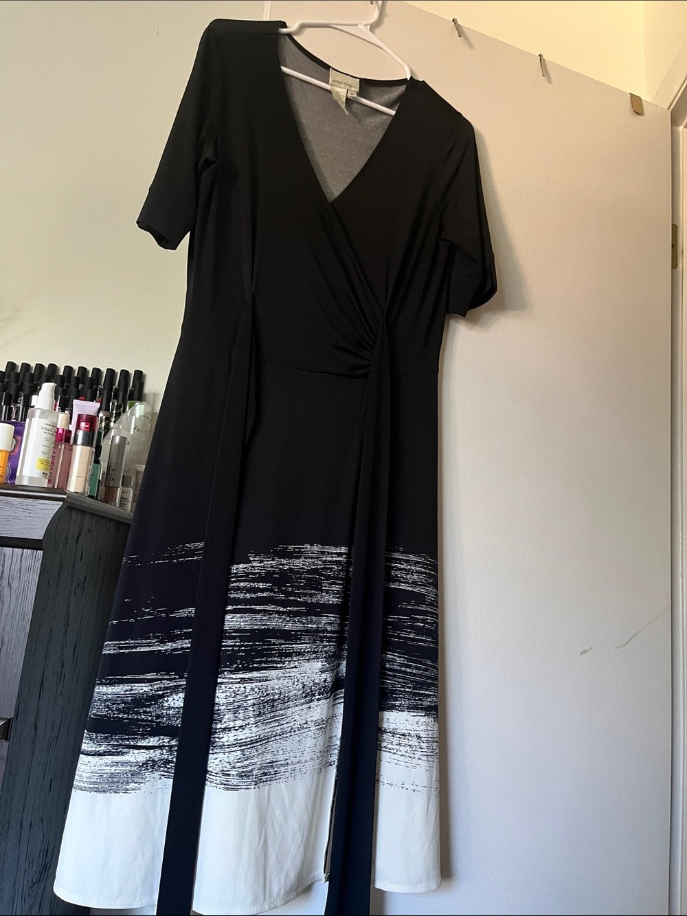Donna Morgan Black Midi Wrap Dress with White Brushstroke Hem